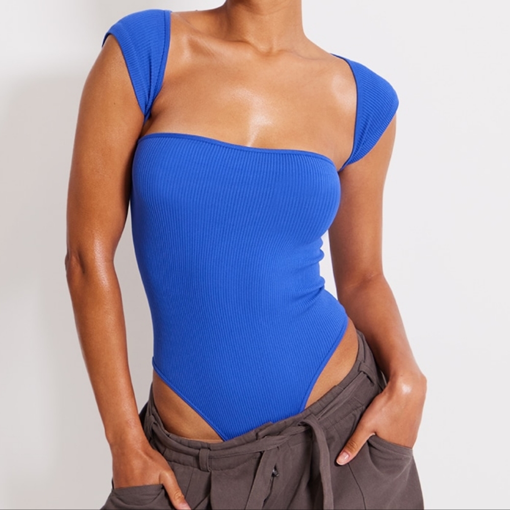 PrettyLittleThing blue ribbed bodysuit with back cutout